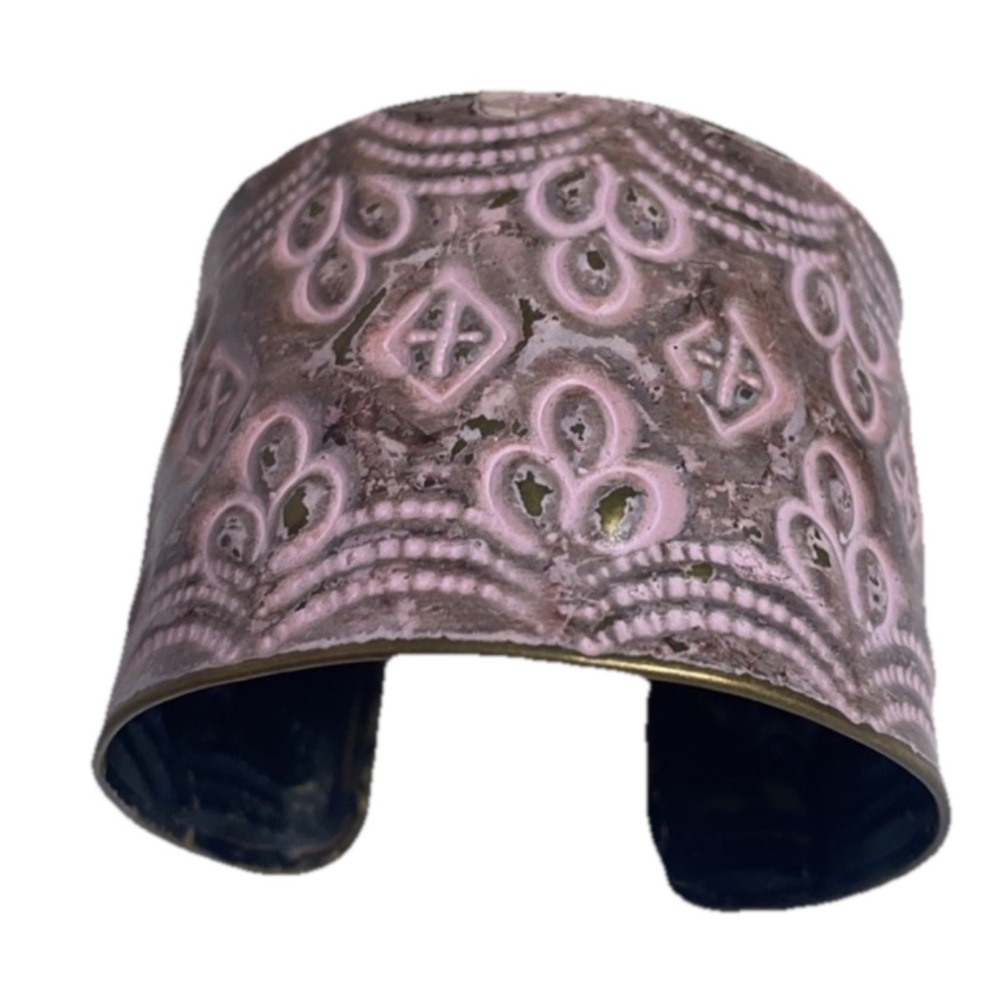 Metal Cuff Bracelet Pressed Design of Cross and Scallops Pink